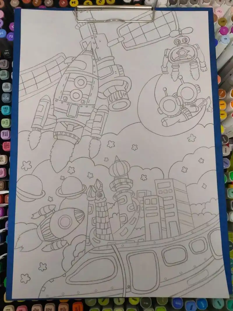 马克笔手绘|科幻画|马克笔儿童画|手绘 又一幅科幻画分享用的8k纸