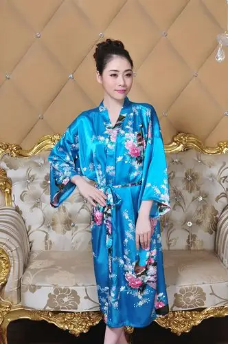 孔雀睡衣 女士夏季睡袍 家居服浴袍 薄款仿真丝绸唐装睡衣