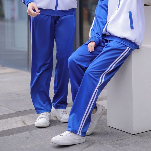 金光绒校服裤子滑料两条杠直筒男女初中高中学生两道杠宝蓝色校裤