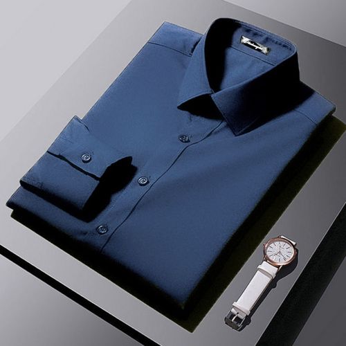 藏青色方领商务职业衬衫男长袖深蓝上班族正装修身白衬衣工装寸衫