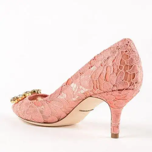 【18秋冬】 dolce&gabbana/杜嘉班纳 水钻 蕾丝 象牙/粉色 中跟鞋