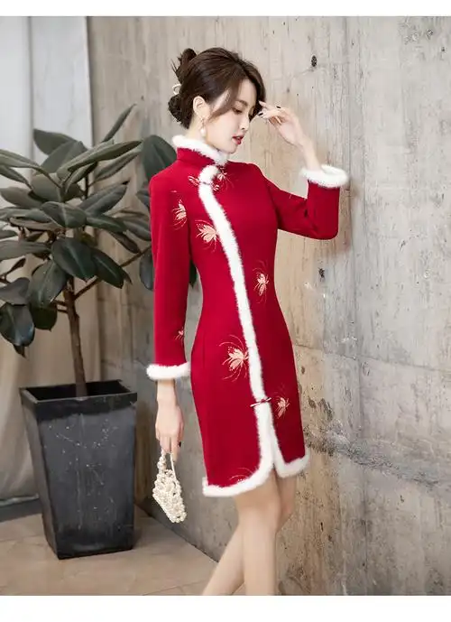 红色旗袍2021年新款冬装新年衣服过年唐装拜年服女大人女装中国风qj毛