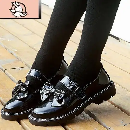 huayangtu春秋小皮鞋女孩13学院风10百搭jk黑色单鞋洛丽塔女童中大