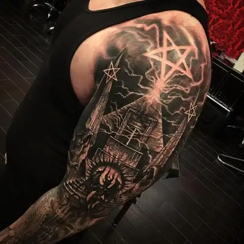 多款黑灰素描点刺技巧经典撒旦教会霸气复古纹身图案38