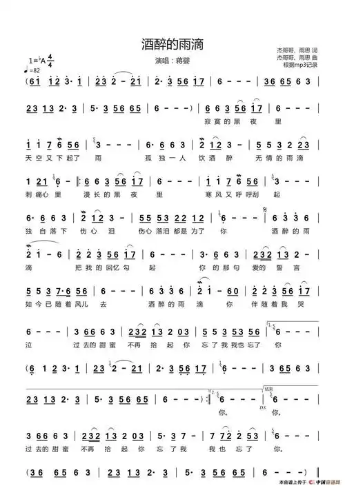 酒醉的雨滴(演唱:蒋婴)_简谱