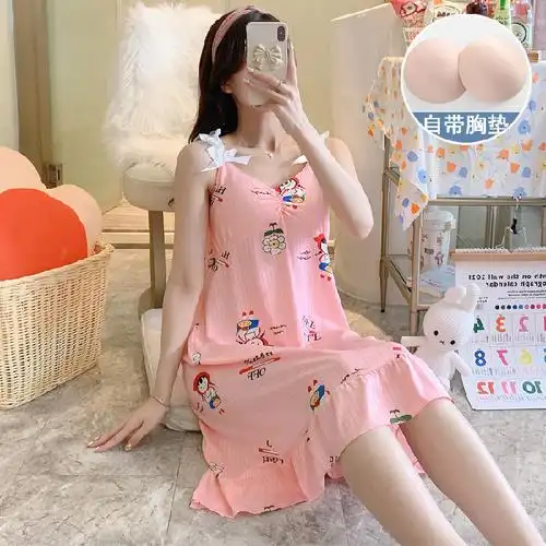 双旭带胸垫睡裙女夏季韩版蕾丝花边甜美睡衣吊带裙 牛奶丝坑条