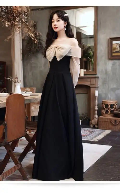 学生艺考宴会晚礼服裙2021秋长袖气质露肩平时可穿黑色优雅公司年会晚