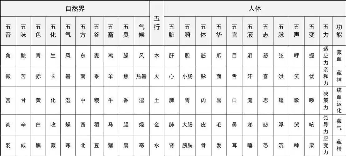 中医五行对应表