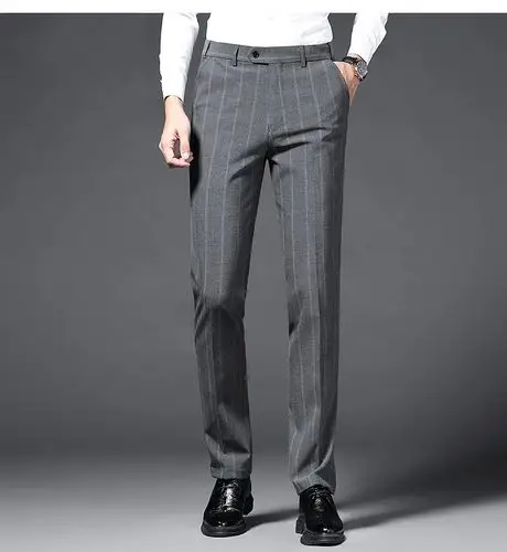 男生潮流休闲男士正装西裤商务时尚绅士修身微弹条纹休闲西裤男 灰色