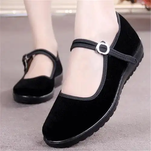 特价方口红色黑色平绒绒女布鞋一字扣带工作鞋布鞋