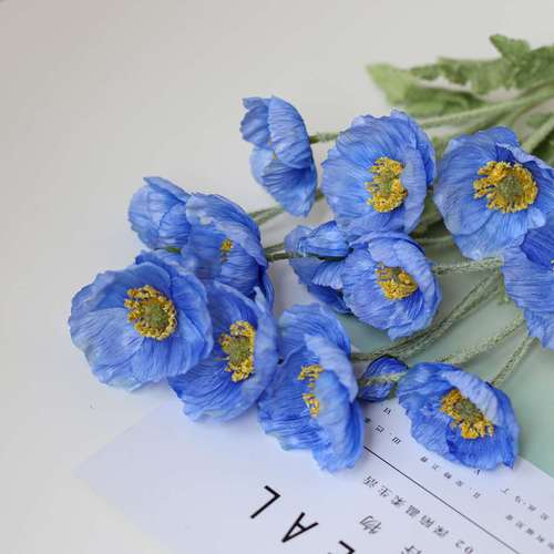 【高端】蓝色虞美人仿真花花束客厅摆件干花装饰罂粟花绢花假花