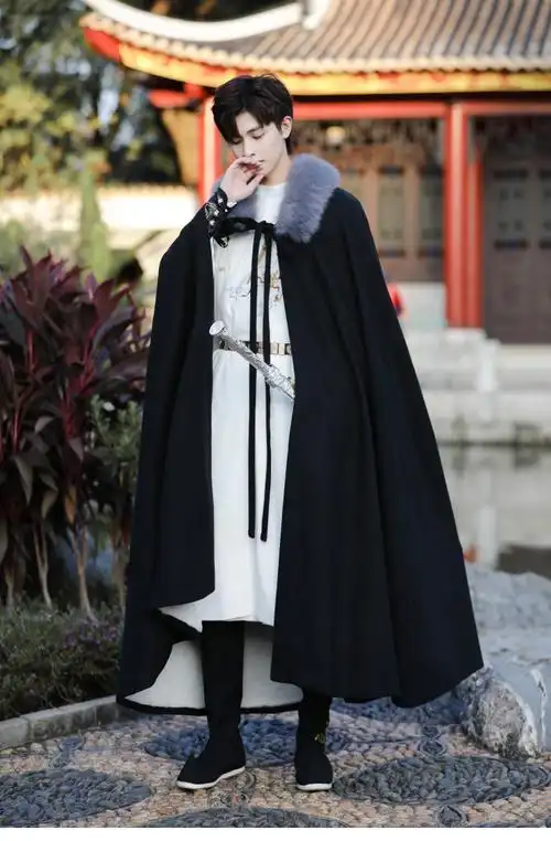 卡辑古装汉服男冬装仙气加绒加厚长斗篷披风外套侠客武侠风刺绣圆领袍