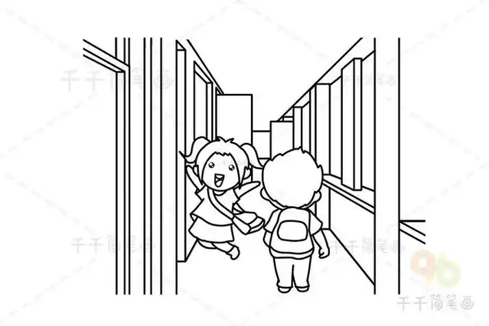 教室走廊场景简笔画放学回家的同学们