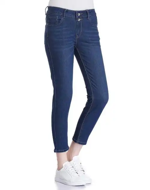 深蓝色紧身时尚中腰牛仔裤子