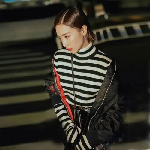 阚清子同款黑白条纹高领打底毛衣加厚长袖修身堆堆领针织上衣