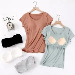 带胸垫木耳边短袖t恤brat免文胸无钢圈罩杯一体瑜伽内衣睡衣夏季