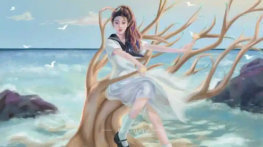 海边 树 水手服女孩 唯美 电脑壁纸