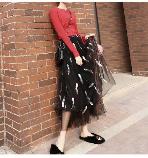 白色羽毛 裙长75cm 品牌: 莫戈里(mogori) 商品名称:网纱半身裙女2020