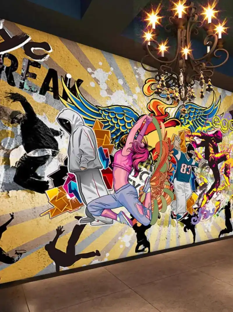 手绘街头涂鸦3d背景墙纸抽象个性潮牌健身房壁画舞蹈嘻哈街舞壁 - 抖