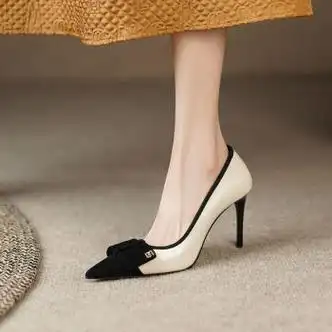 macjabags尖头气质法式高跟鞋女细跟2024年新款小香风蝴蝶结浅口单鞋