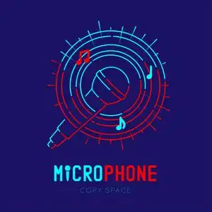 麦克风标志图标轮廓笔画与音乐音符在工作人员圆圈框架,虚线设计插图