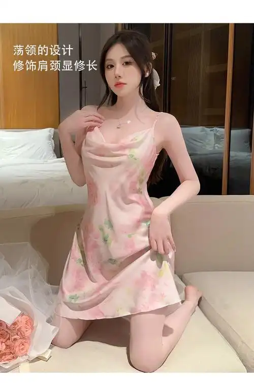 冰丝睡衣女夏季法式性感荡领吊带睡裙丝绸家居服2024新款纯欲风 - 17