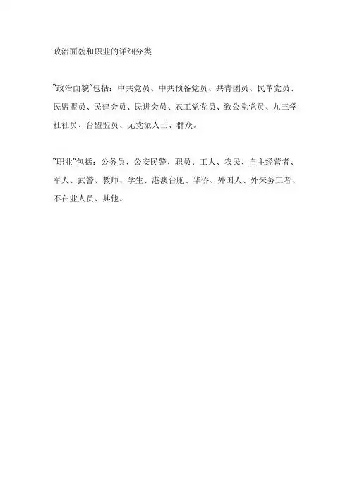 政治面貌和职业的详细分类 "政治面貌"包括:中共党员,中共预备党员