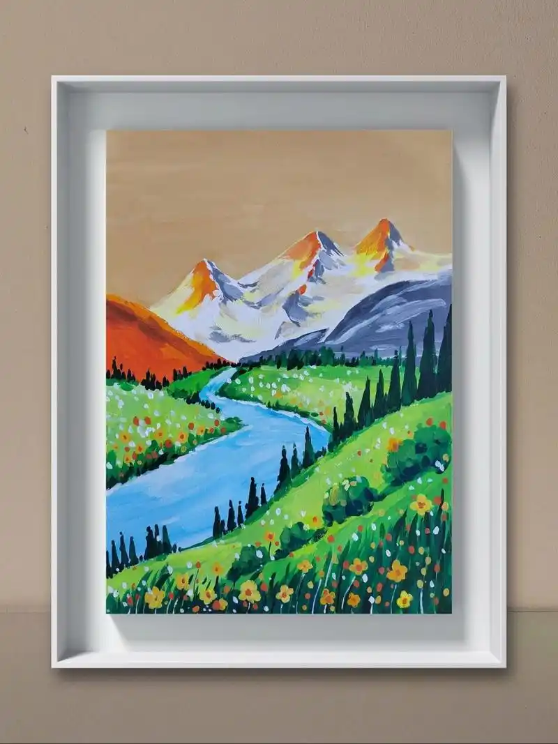 儿童水粉风景画《日照金山》过程图 临摹油画棒作品 16开,水粉颜料