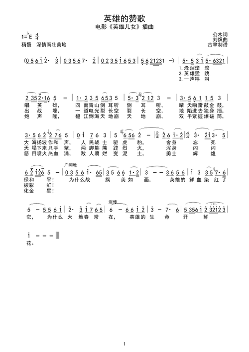 英雄的赞歌(《英雄儿女》插曲)简谱(图1)