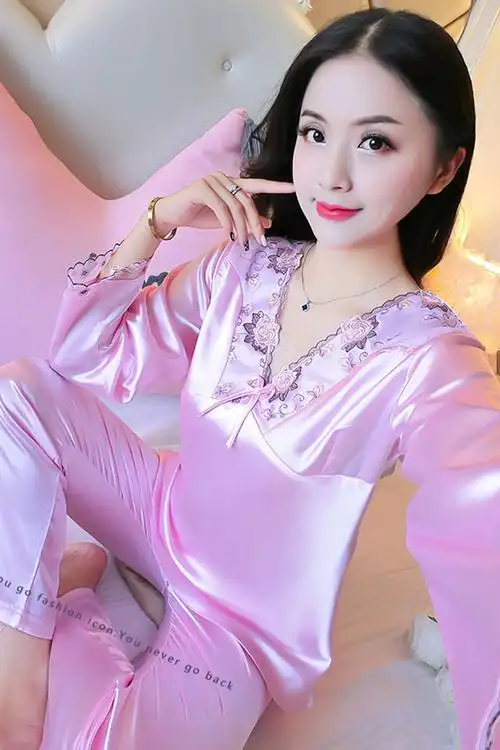 新款薄款韩版睡衣女士长袖仿真丝蕾丝夏季性感大码可爱家居服套装