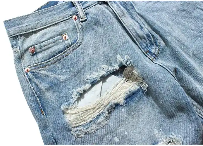 blue denim mans男mujer面料牛仔裤短款破损破洞破洞