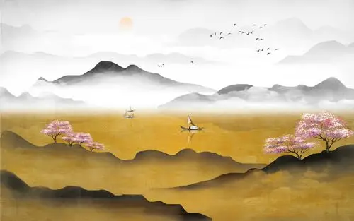 a058681新中式金色创意山水风景背景墙壁画