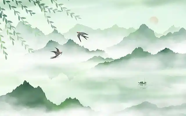 古风水墨清明节插画手绘山水画写意燕子清明风景春天绿色春意