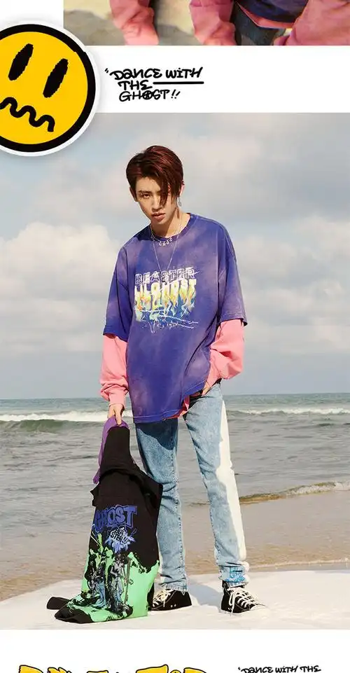 【小鬼王琳凯】小恶魔鬼脸撞色牛仔裤新款复古水洗长裤男