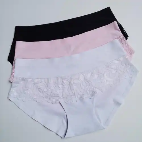 女士冰丝无痕内裤 均码中腰纯色蕾丝边一片式女式三角内裤-中国男裤产