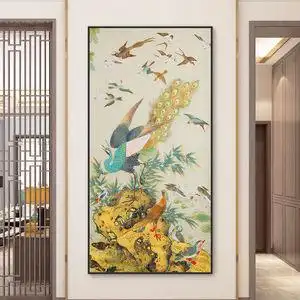百鸟朝凤图玄关过道走廊尽头竖版新中式挂画凤凰户装饰画百鸟朝