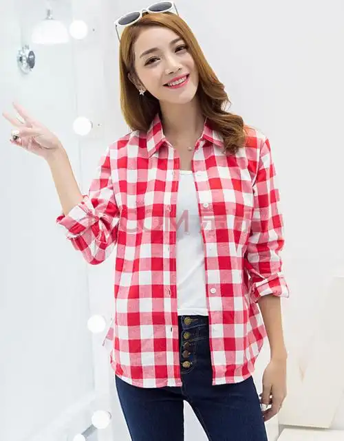 2020春季新款短格子衬衫女长袖修身显瘦纯棉磨毛百搭打底学生衬衣