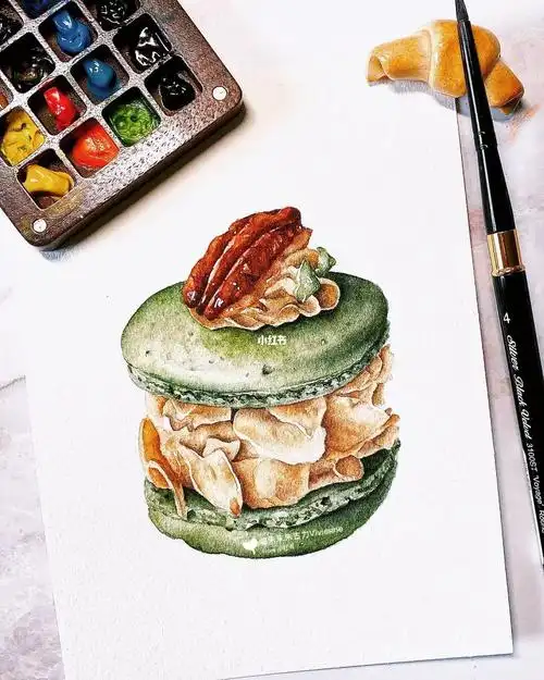 画画的日常  #水彩美食  #韩式马卡龙  #美食插画  #水彩插画