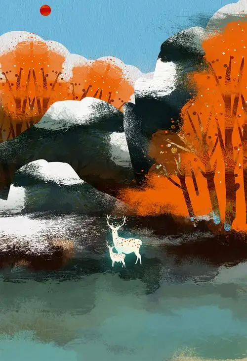 冬日梅花鹿肌理插画图片