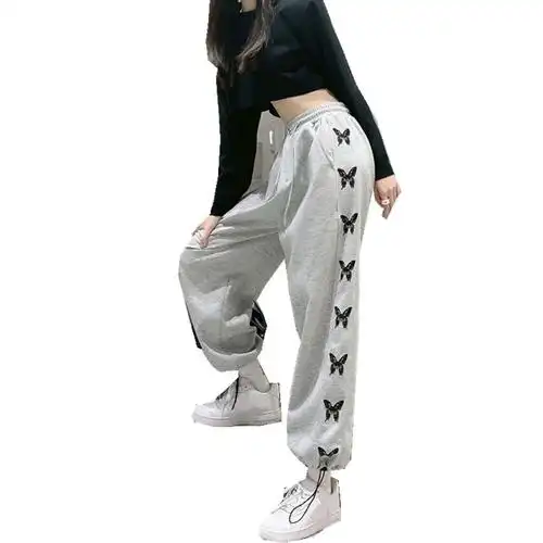 大码mm灰色运动裤女ins宽松束脚裤显高腰休闲裤