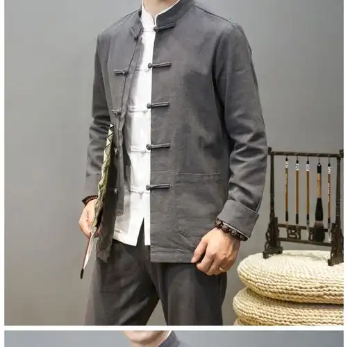 京佑秋季青年布扣现代唐装中式亚麻长袖衬衫男士中国风立领中山装外套