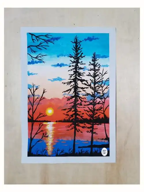 3等颜料干了,揭掉美纹胶带,画树木草地.4画细节,调整画面.#风景画