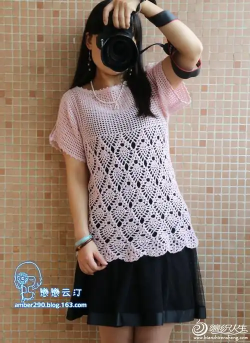 女士钩针菠萝花露肩短袖套衫