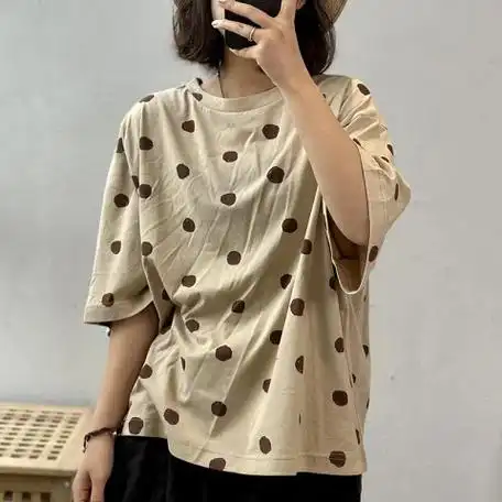 夏装新款大码女装文艺复古洗水棉短袖t恤宽松休闲波点百搭上衣