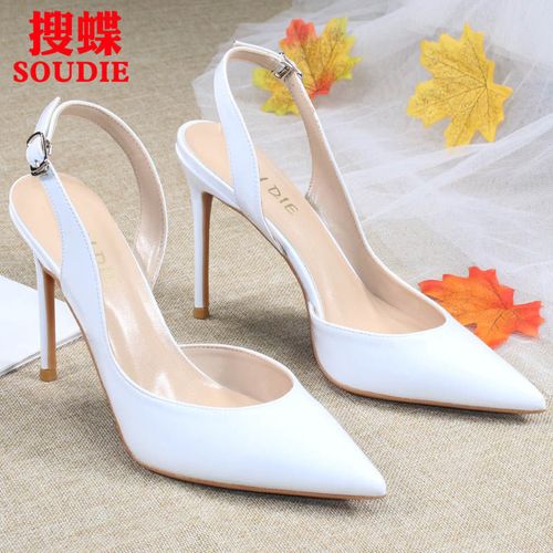 夏季新款百搭漆皮白色尖头高跟鞋小清新侧空扣带细跟凉鞋女