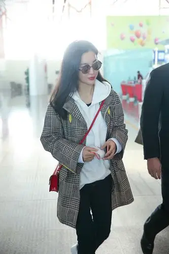 李冰冰时髦格子现身机场红唇撩发女人味十足