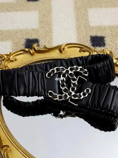 chanel黑银皮穿链cclogo扣弹力羊皮腰带腰封