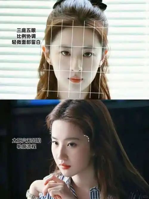 符合三庭五眼的完美比例先看外轮廓,高颅顶,刘亦菲的颅顶可以看作是"