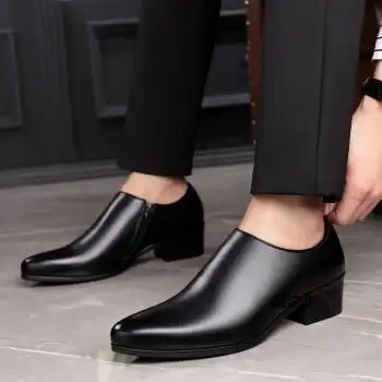 潮流男鞋侧拉链正装皮鞋男士高跟鞋真皮商务英伦尖头男款增高鞋子黑色