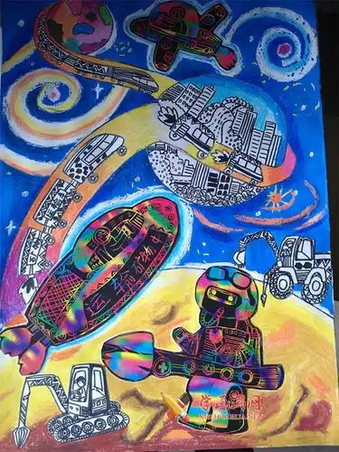 四年级小学生获奖科幻画作品《星际采矿》